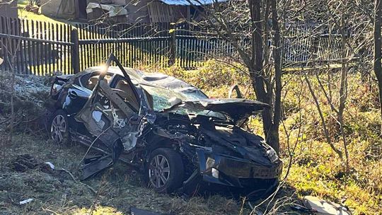 Stryszawa, powiat suski, wypadek samochodowy, dachowanie samochodu osobowego, kierowca ukarany mandatem karnym