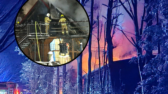 Mszana Dolna, powiat limanowski, straż pożarna, akcja gaśnica, na sygnale, poza drukarni z Mszanie Dolnej