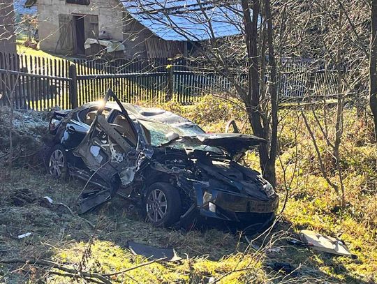 Stryszawa, powiat suski, wypadek samochodowy, dachowanie samochodu osobowego, kierowca ukarany mandatem karnym