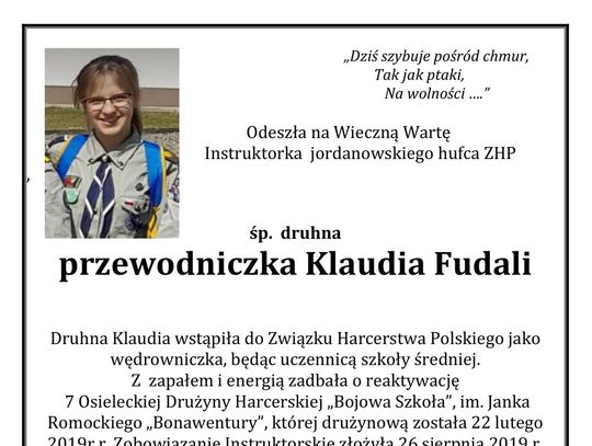 Nie żyje młoda harcerka  Klaudia Fudali. Miała zaledwie 23 lata