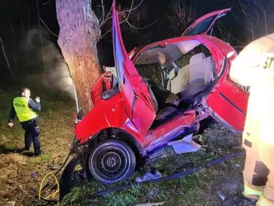 Na zdjęciu wrak samochodu, który rozbił się na drzewie w Kąśnej Górnej