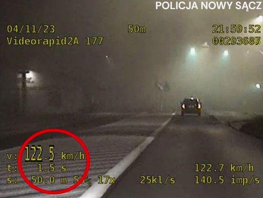Noc, mgła. Samochód porusza się ulicą Tarnowską w Nowym Sączu z nadmierną prędkością. Wideorejestrator wskazuje prędkość 122,5 km/h.