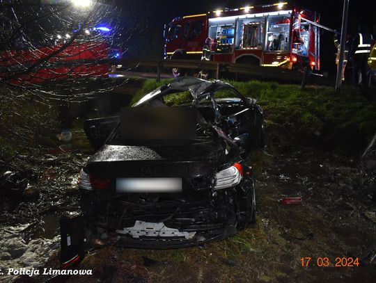 Na zdjęciu spalony samochód marki BMW i służby po wypadku w Mszanie Górnej