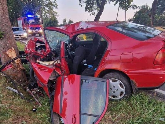 Na zdjęciu samochód osobowy, który rozbił się na drzewie w powiecie olkuskim