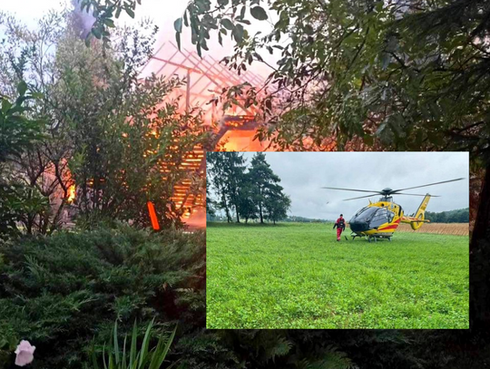 Na zdjęciu miejsce pożaru w Woli Radziszowskiej i śmigłowiec LPR