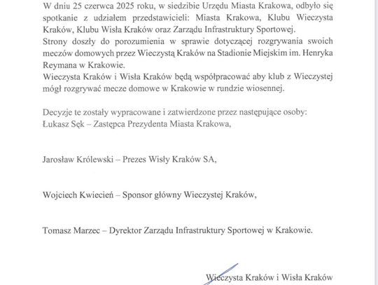 Pozorna zgoda w Krakowie? Wisła i Wieczysta mają dzielić Stadion od Wiosny - czy na pewno? Oświadczenie klubów i miasta.