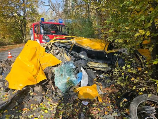 Samochód rozbił się na drzewie w Brzoskwini. Kierowca miał dużo szczęścia [ZDJĘCIA]