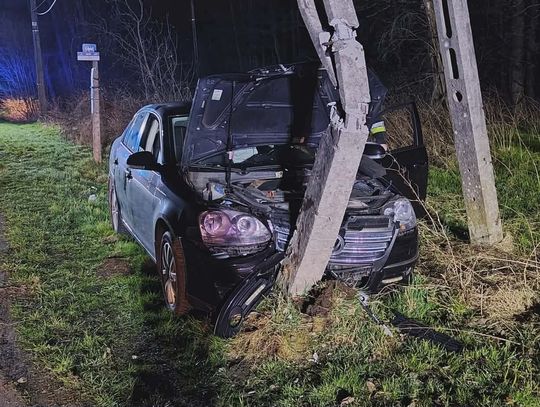 Zalas, powiat krakowski, wypadek w miejscowości Zalas, na sygnale, samochód rozbił się na słupie energetycznym, straż pożarna, służby ratunkowe