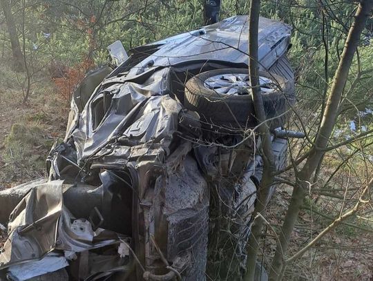 Na zdjęciu rozbity na drzewie samochód osobowy w Witeradowie