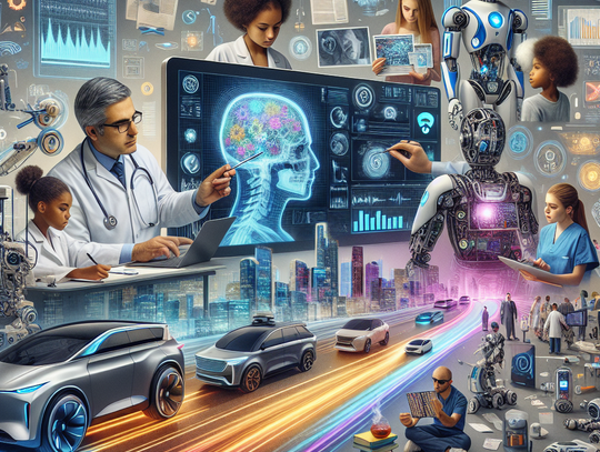 Sztuczna Inteligencja w Medycynie: Diagnoza, Leczenie i Personalizacja Opieki Lekarze, roboty i samochodzy na jezdni wygenerowane przez sztuczną inteligencję.