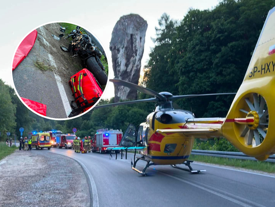 Pieskowa Skała, tragedia w Pieskowej skale, tragedia w gminie Sułoszowa, gmina Sułoszowa, powiat krakowski, akcja ratunkowa, śmiertelny wypadek motocyklisty na drodze wojewódzkiej, zablokowana trasa z Krakowa do Olkusza