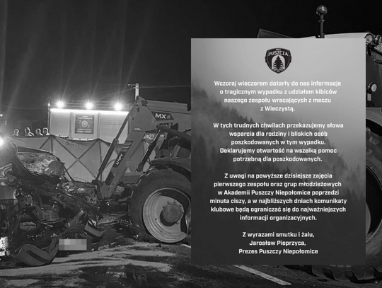 Tragiczny wypadek kibiców Puszczy Niepołomice. Klub składa kondolencje i oferuje pomoc