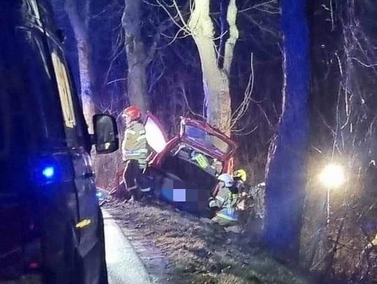 Na zdjęciu samochód, który rozbił się na drzewie w miejscowości Kąśna Górna