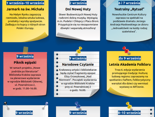 Grafika przedstawia w układzie chronologicznym dziewięć wydarzeń, które odbędą się we wrześniu w mieście Kraków. Wszystkie zostały opisane w artykule.