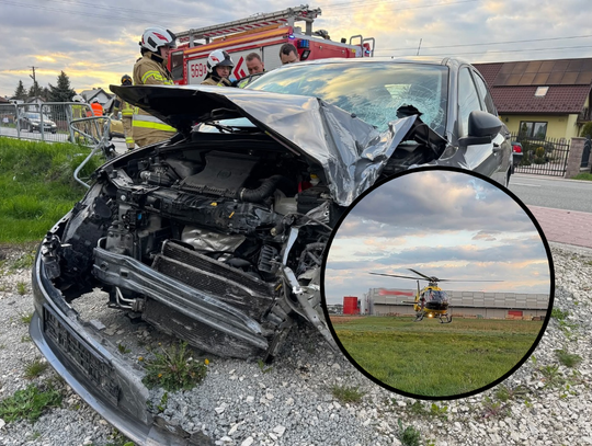 Wola Batorska, powiat wielicki, poważny wypadek, śmigłowiec LPR, samochód uderzył w metalowe bariery, samochód rozbił się na barierach, ważny wypadek w powiecie wielickim