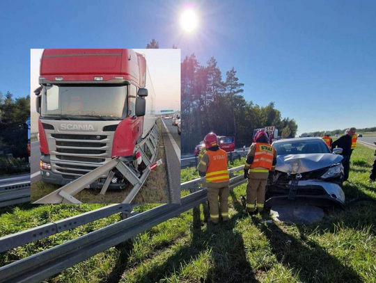 Zderzenie dwóch samochodów i wystrzał opony w ciężarówce na A4