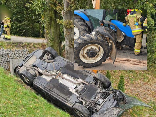 Zderzenie osobówki z ciągnikiem rolniczym w Jelczy. Dwie osoby ranne