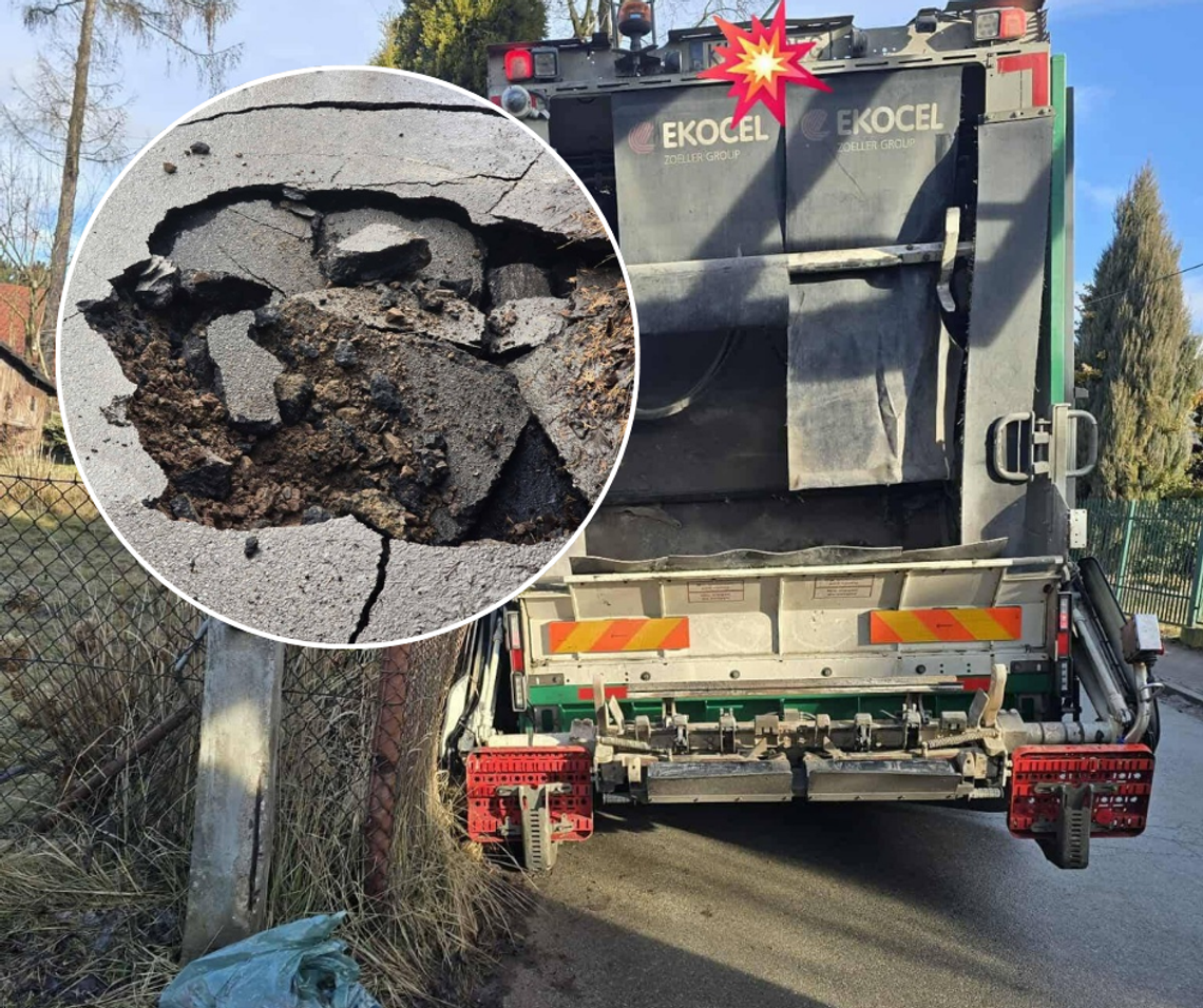 Krzeszowice, dziura w asfalcie, zapadlisko w asfalcie, śmieciarka