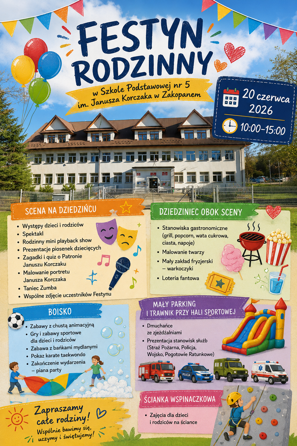 Festyn Rodzinny w Szkole Podstawowej nr 5 w Zakopanem. Dzień pełen atrakcji dla całych rodzin Zakopane, festyn rodzinny w Zakopanem, szkoła podstawowa nr 5 w Zakopanem, festyn, wydarzenie, impreza, zapowiedź wydarzenia