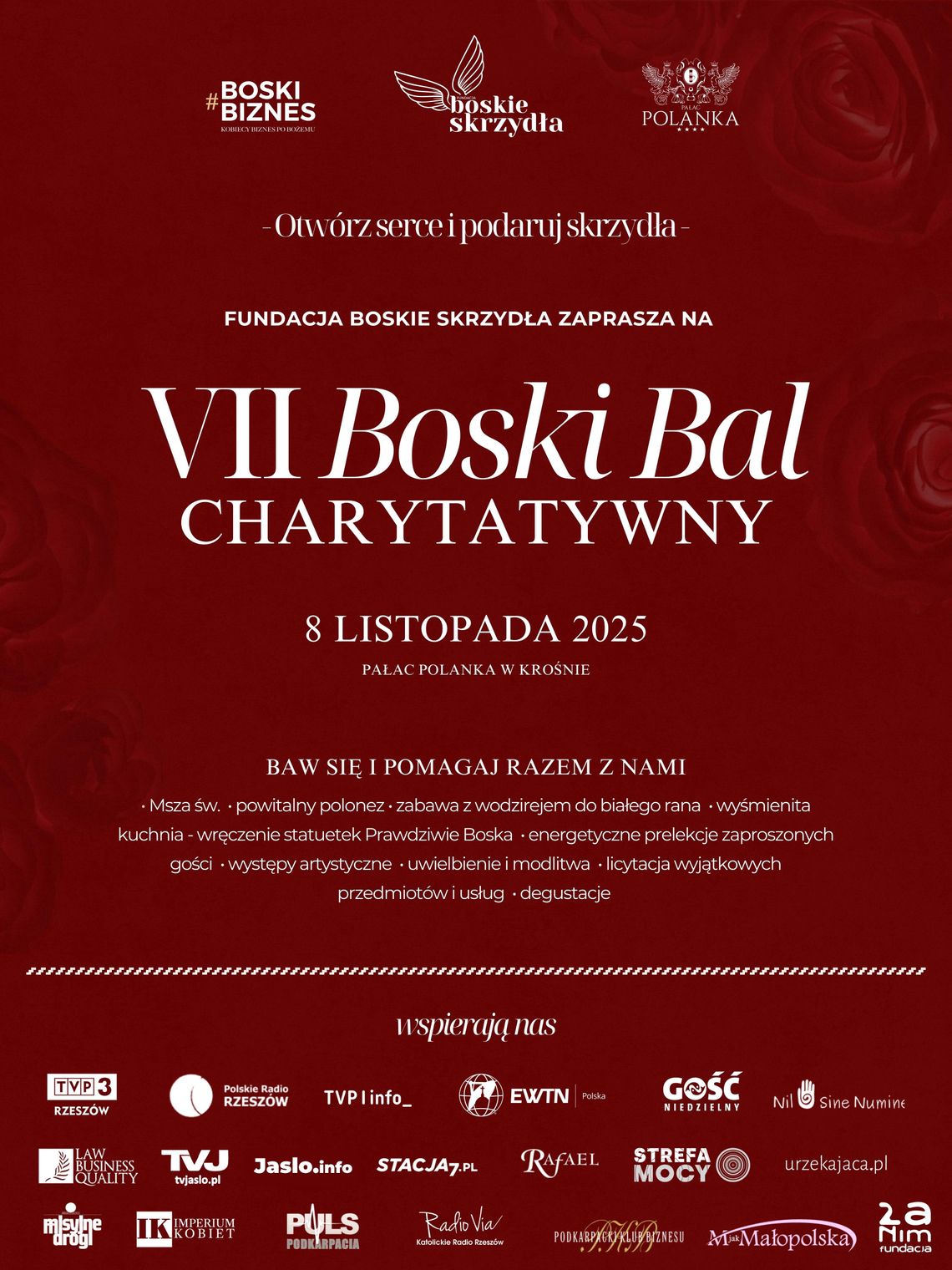 Fundacja Boskie Skrzydła zaprasza na VII Boski Bal Charytatywny pod hasłem „Otwórz serce i podaruj skrzydła”, który odbędzie się 8 listopada 2025 roku w eleganckim Pałacu Polanka w Krośnie.