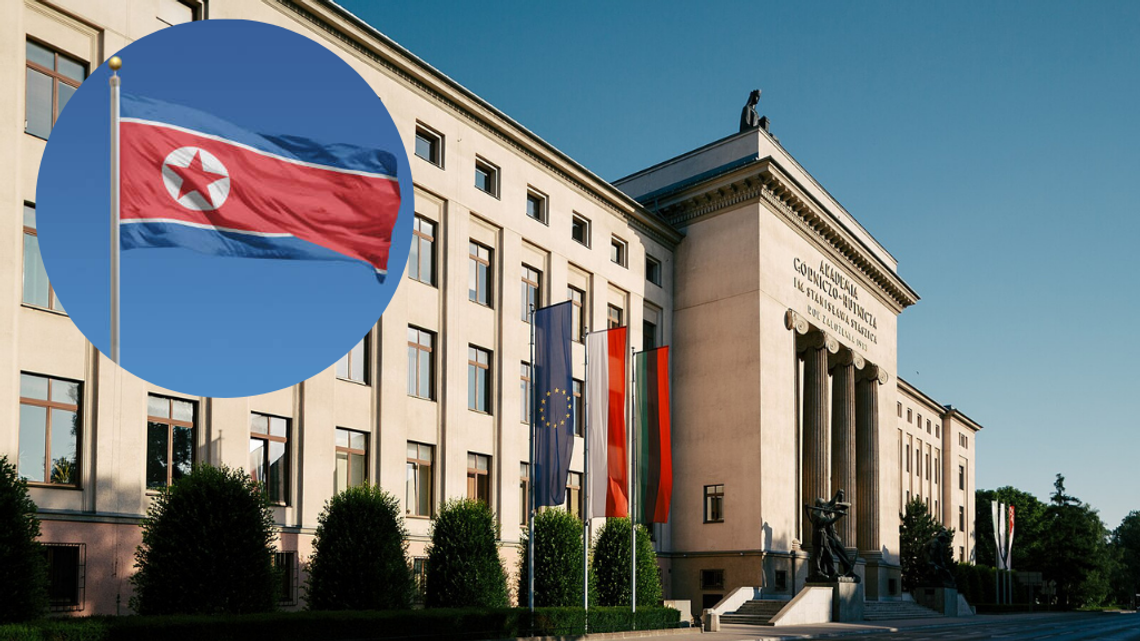 Główny gmach AGH i północnokoreańska flaga