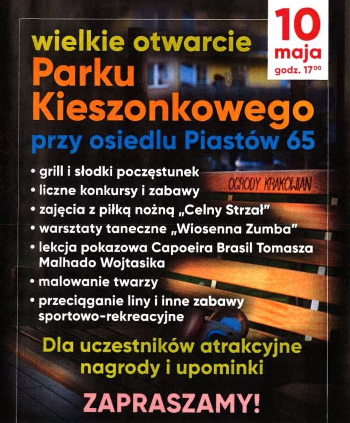 Na zdjęciu plakat promujący uroczyste otwarcie parku kieszonkowego