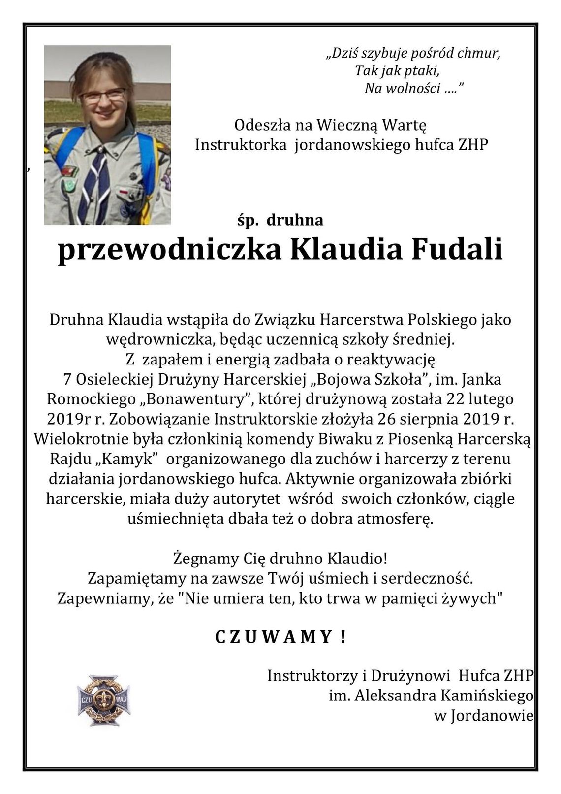 Nie żyje młoda harcerka  Klaudia Fudali. Miała zaledwie 23 lata