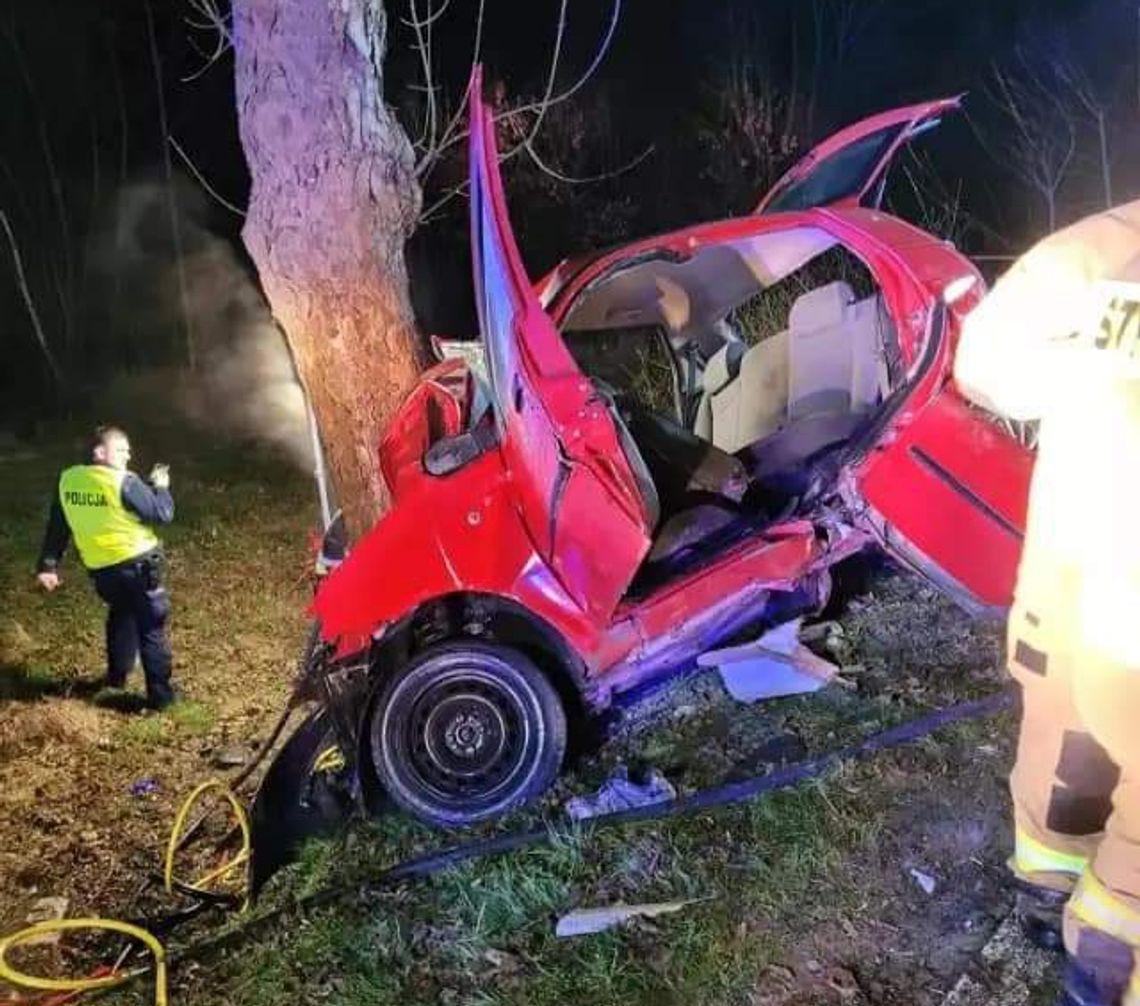 Na zdjęciu wrak samochodu, który rozbił się na drzewie w Kąśnej Górnej