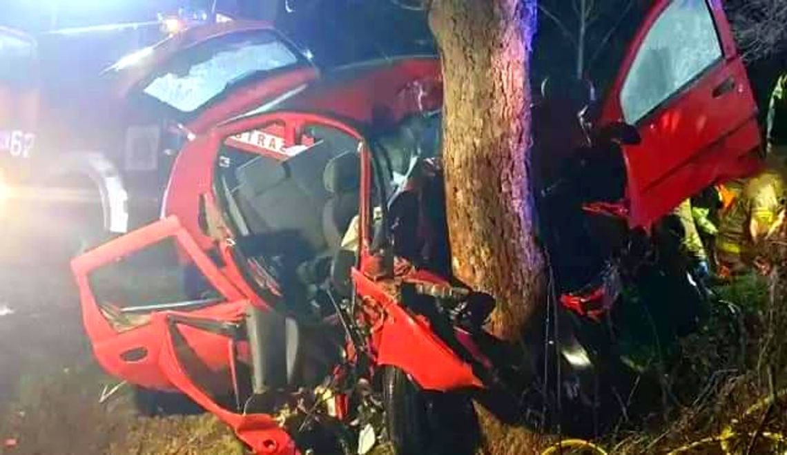 Na zdjęciu wrak samochodu osobowego, który rozbił się na drzewie w miejscowości Kąśna Górna