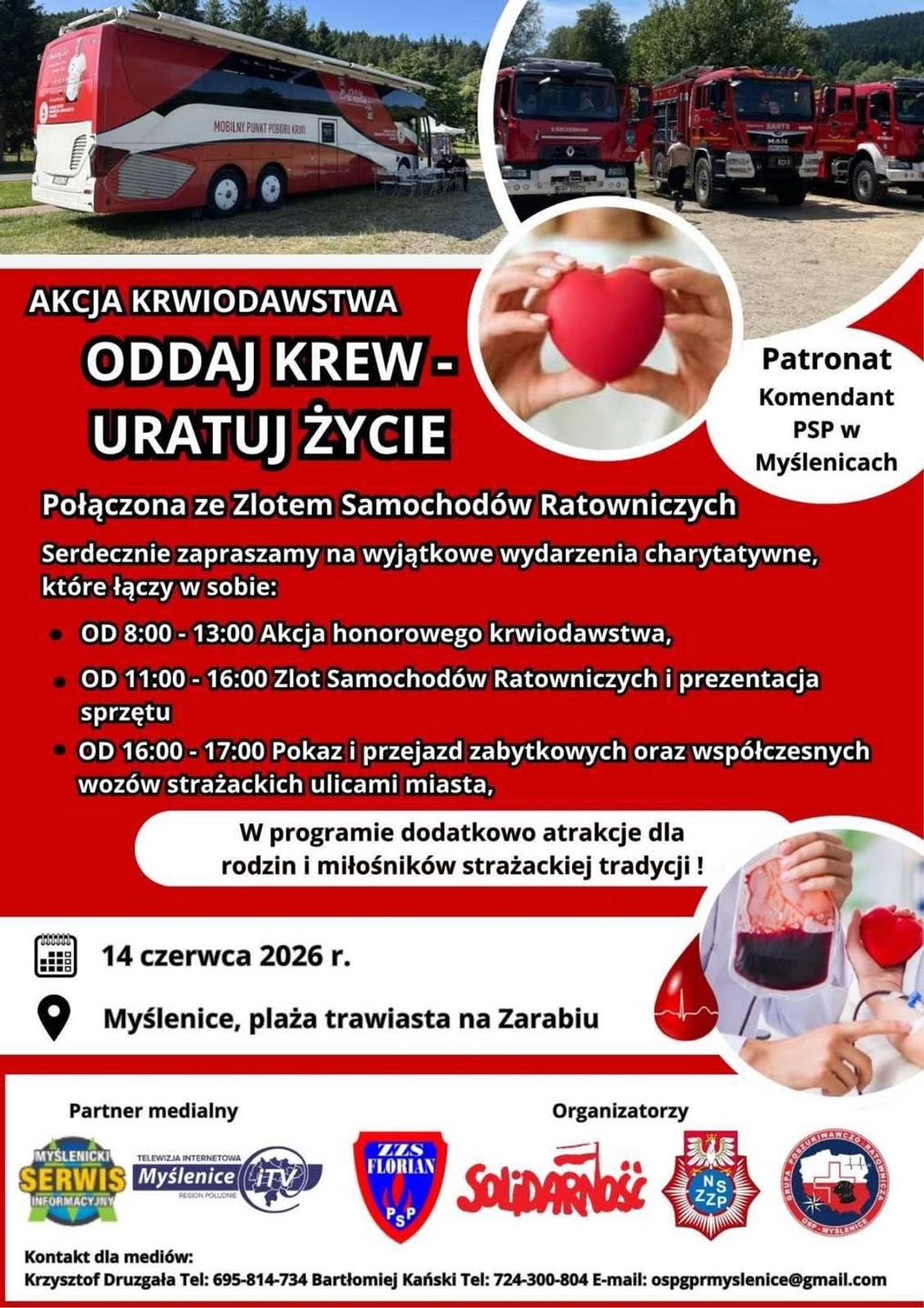 "Oddaj krew - uratuj życie". Wielki zlot wozów strażackich w Myślenicach Zarabie, Myślenice, powiat myślenicki, akcja krwiodawstwa, zlot samochodów straży pożarnej, akcja krwiodawstwa