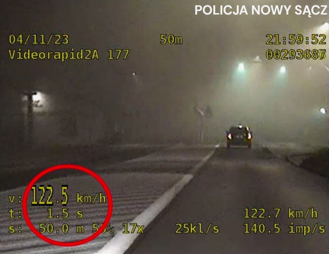 Noc, mgła. Samochód porusza się ulicą Tarnowską w Nowym Sączu z nadmierną prędkością. Wideorejestrator wskazuje prędkość 122,5 km/h.