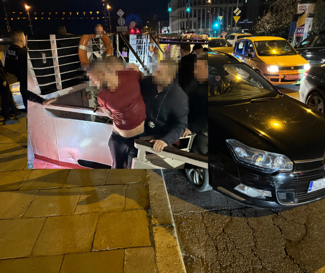 Na zdjęciu zatrzymany 28-latek i rozbite samochody po pościgu w Krakowie