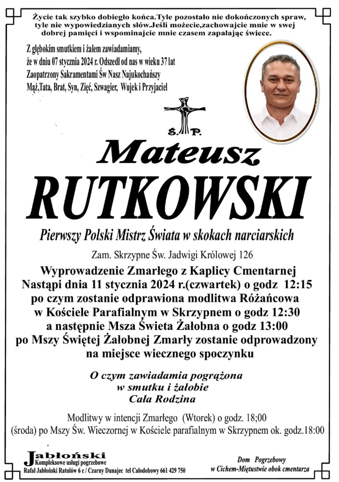 Na zdjęciu nekrolog zmarłego w niedzielę 7 stycznia Mateusza Rutkowskiego