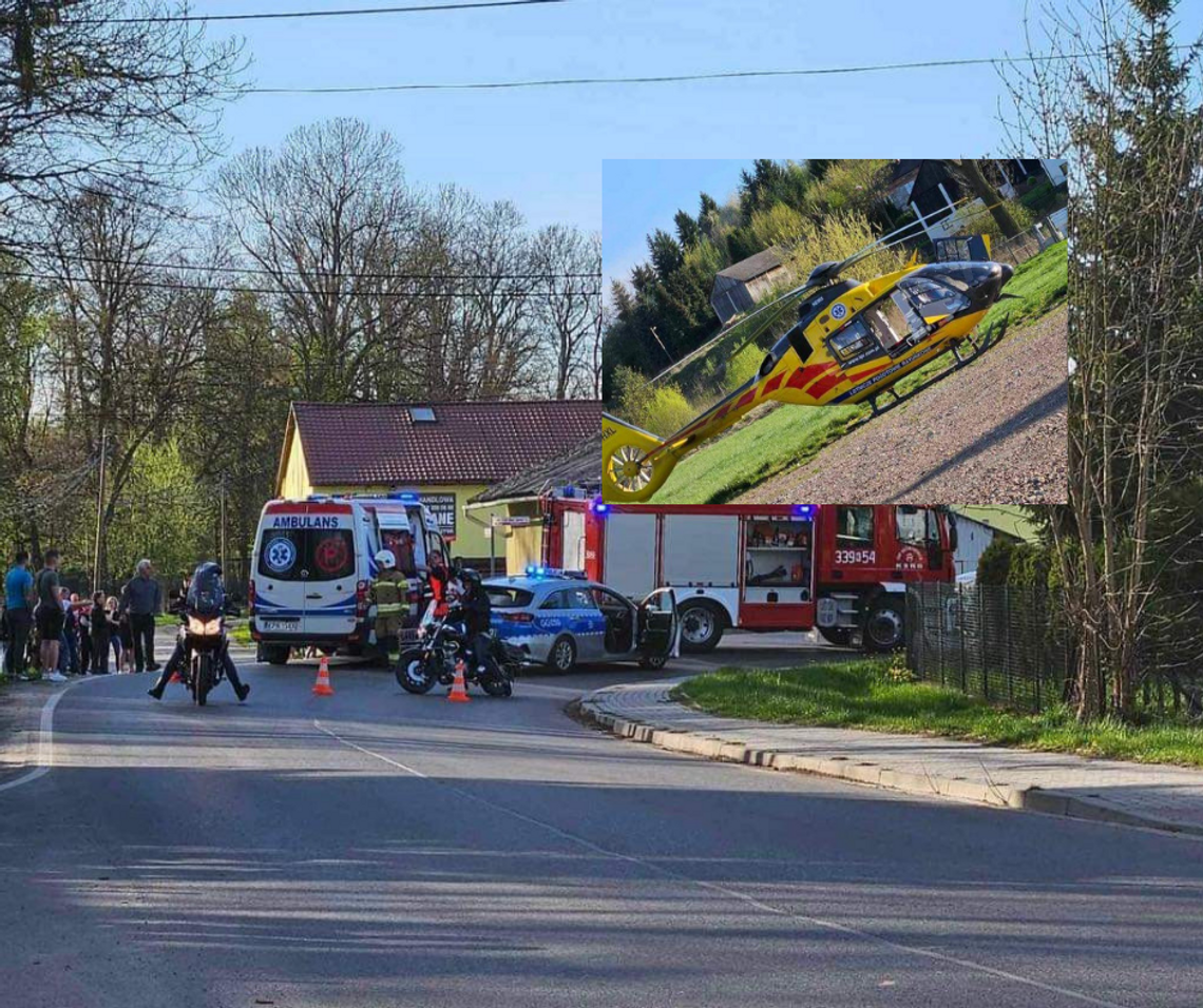Na zdjęciu miejsce wypadku w Sieciechowicach i śmigłowiec LPR