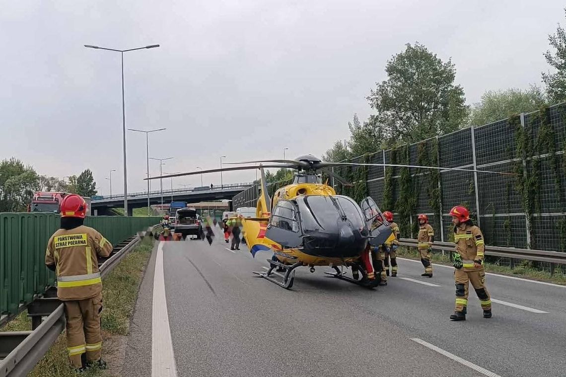 wypadek A4, wypadek motocyklisty A4, wypadek Kraków A4, wypadek węzeł Kraków-Południe, autostrada A4 utrudnienia, lądowanie LPR A4, wypadek 21 sierpnia, wypadek motocykla A4, wypadek Katowice A4