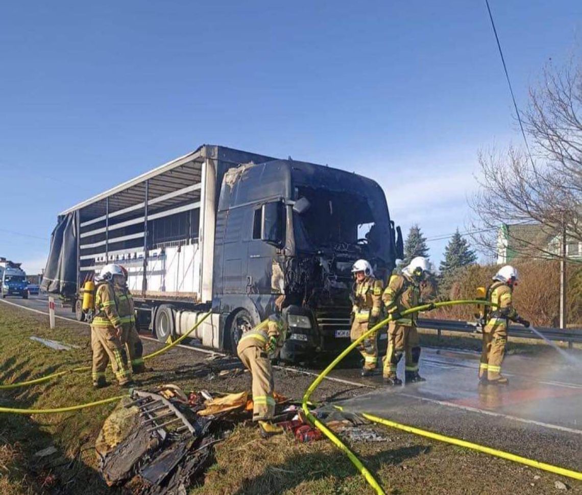 Na zdjęciu strażacy walczący z pożarem samochodu ciężarowego w Brzączowicach