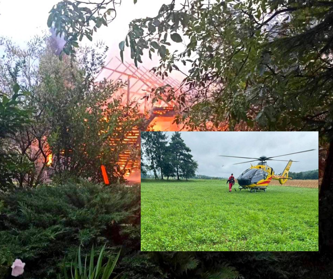 Na zdjęciu miejsce pożaru w Woli Radziszowskiej i śmigłowiec LPR