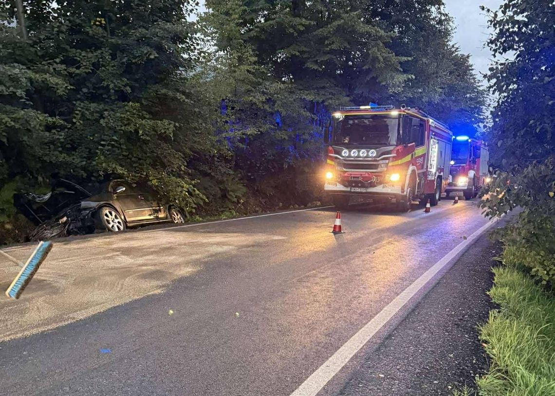 Klecza Dolna, wypadek w powiecie wadowickim, trudne warunki na drogach, samochód wypadł z drogi, akcja ratunkowa, straż pożarna, funkcjonariusze policji