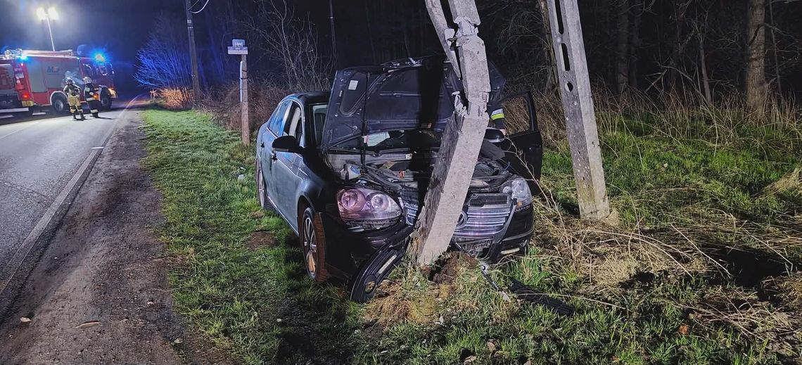 Zalas, powiat krakowski, wypadek w miejscowości Zalas, na sygnale, samochód rozbił się na słupie energetycznym, straż pożarna, służby ratunkowe