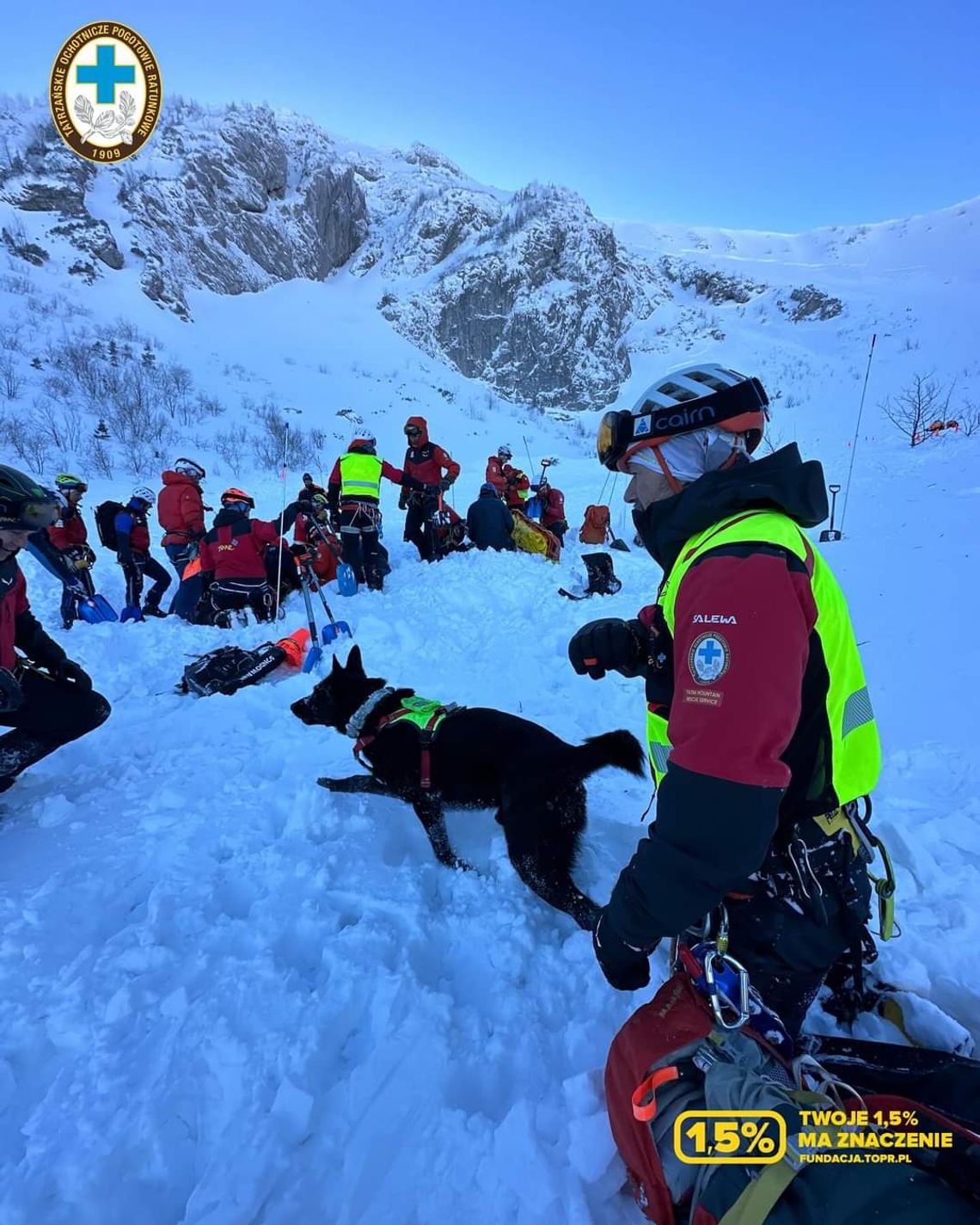 Na zdjęciu ratownicy TOPR z psami przeszukujący lawinisko w rejonie Kondrackiej Przełęczy