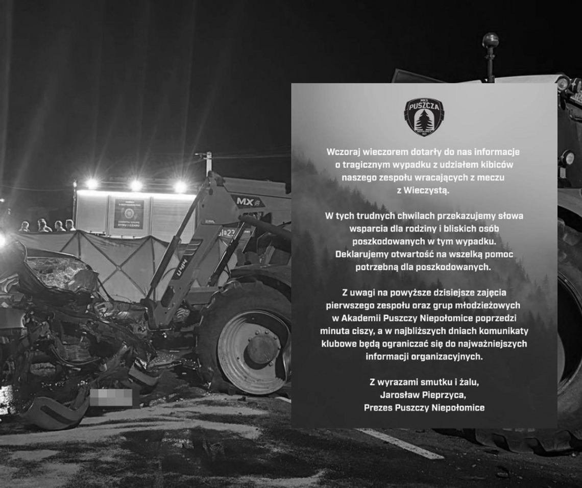 Tragiczny wypadek kibiców Puszczy Niepołomice. Klub składa kondolencje i oferuje pomoc