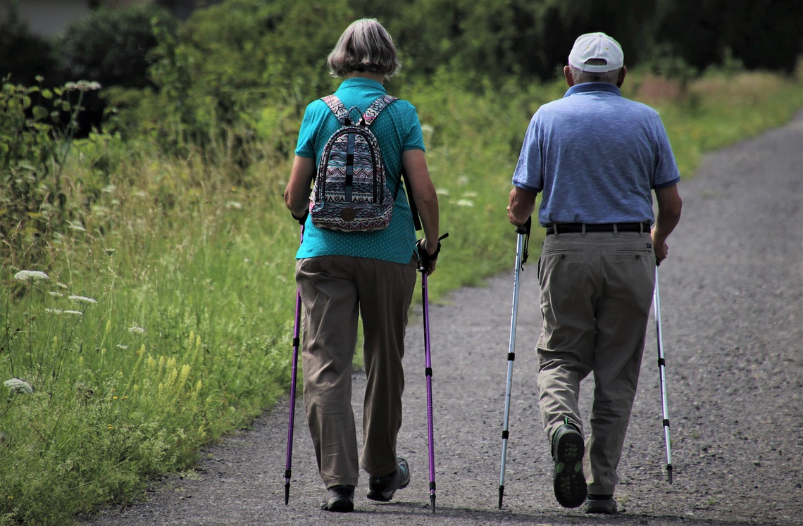 Na zdjęciu znajduje się kobieta i mężczyzna z kijkami do nordic walking. Są odwróceni plecami i idą alejką