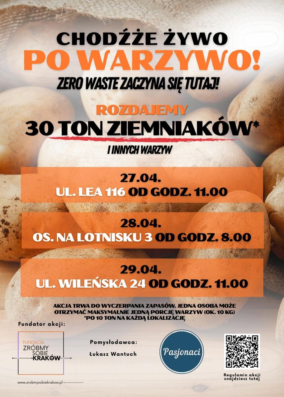 Wielka akcja w Krakowie: 30 ton darmowych ziemniaków. Sprawdź lokalizacje i godziny Zróbmy Sobie Kraków, Łukasz Wantuch, Pasjonaci, akcja charytatywna, darmowe ziemniaki, akcja rozdawania ziemniaków