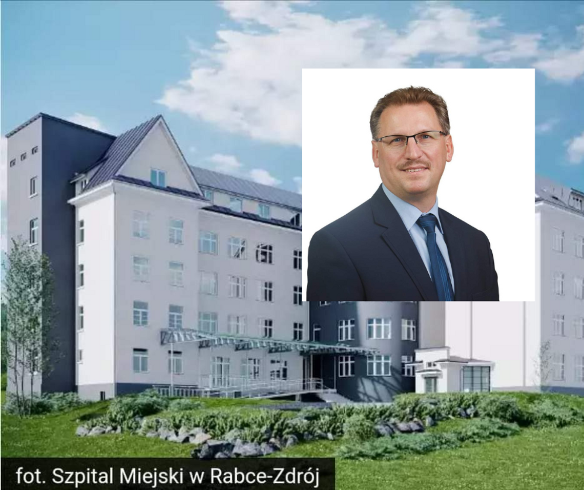 Na zdjęciu wizualizacja Szpitala Miejskiego w Rabce-Zdroju oraz radny Rafał Hajdyła