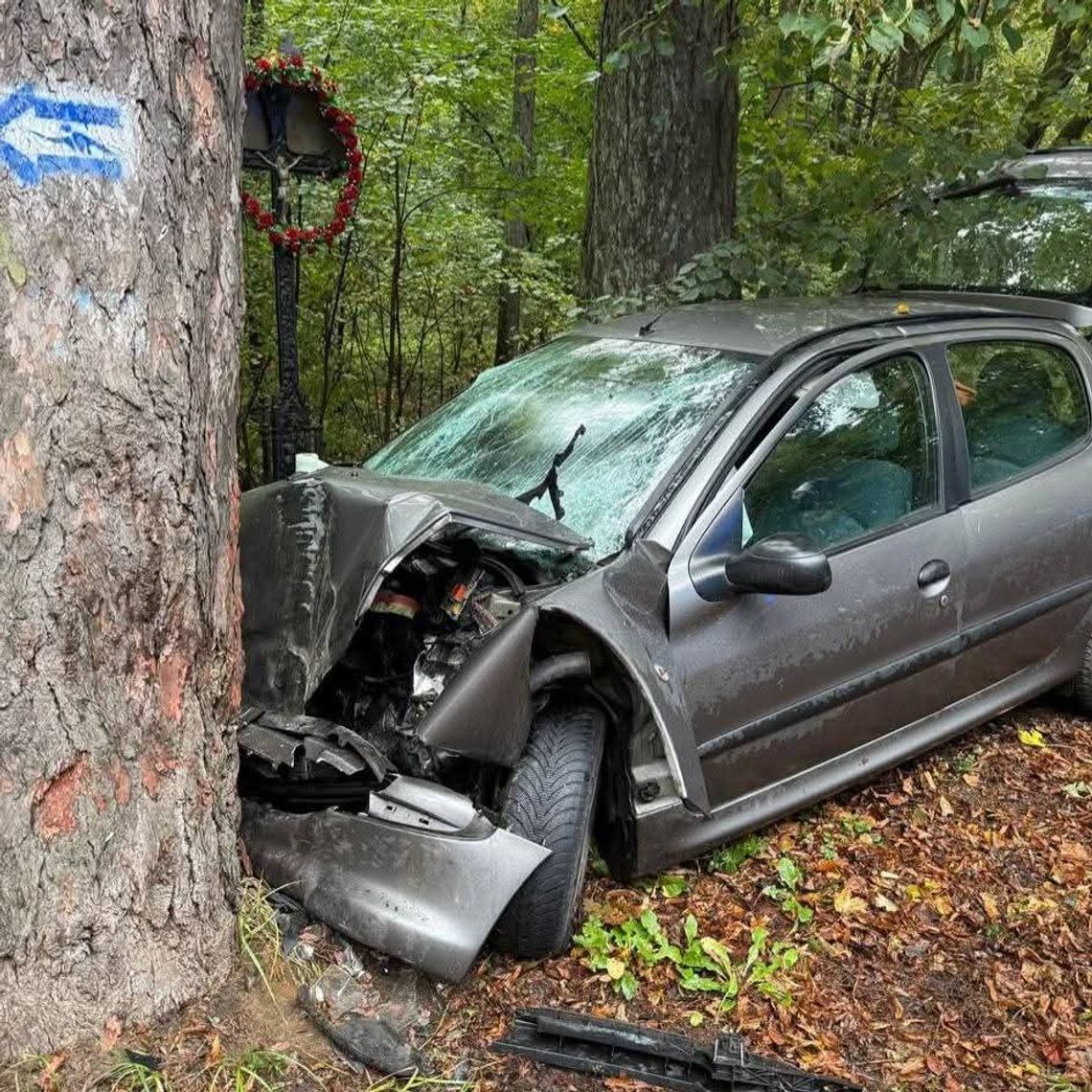 Tenczynek OSP Krzeszowice, gmina Krzeszowice, powiat krakowski, samochód uderzył w drzewo, dwie osoby ranne podczas wypadku w Krzeszowicach