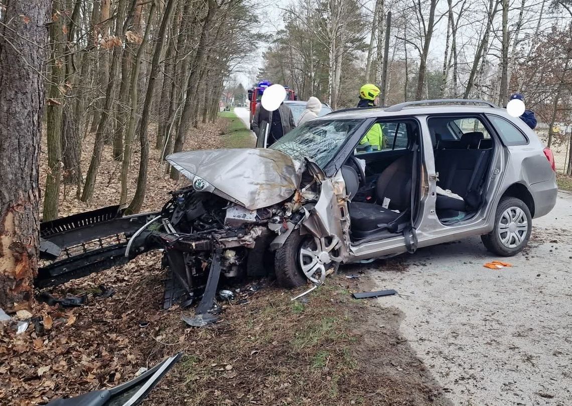 Wypadek w Sieradzy. Samochód rozbił się na drzewie, kierowca uwięziony we wraku Tarnów, powiat tarnowski, Sieradza, w miejscowości Sieradza, poważny wypadek, wypadek drogowy, akcja ratunkowa