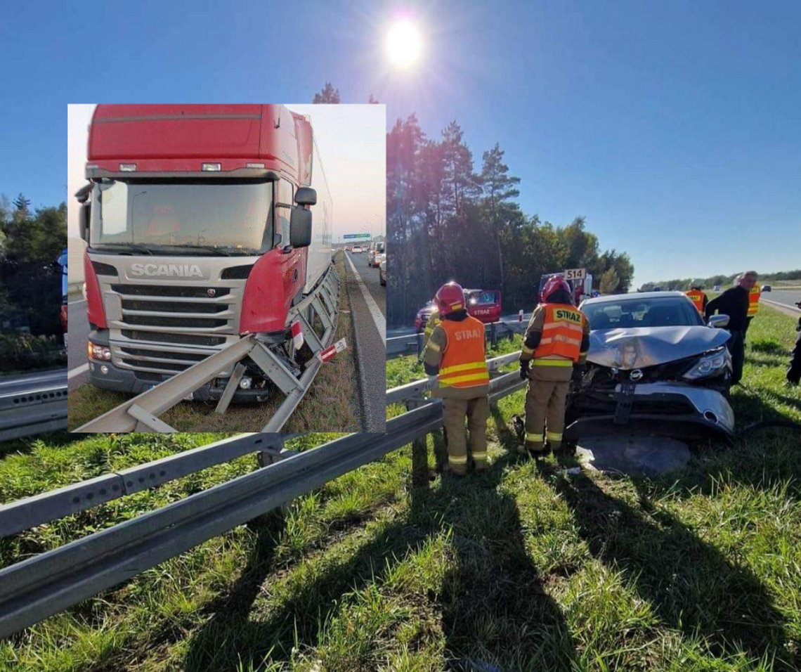 Zderzenie dwóch samochodów i wystrzał opony w ciężarówce na A4