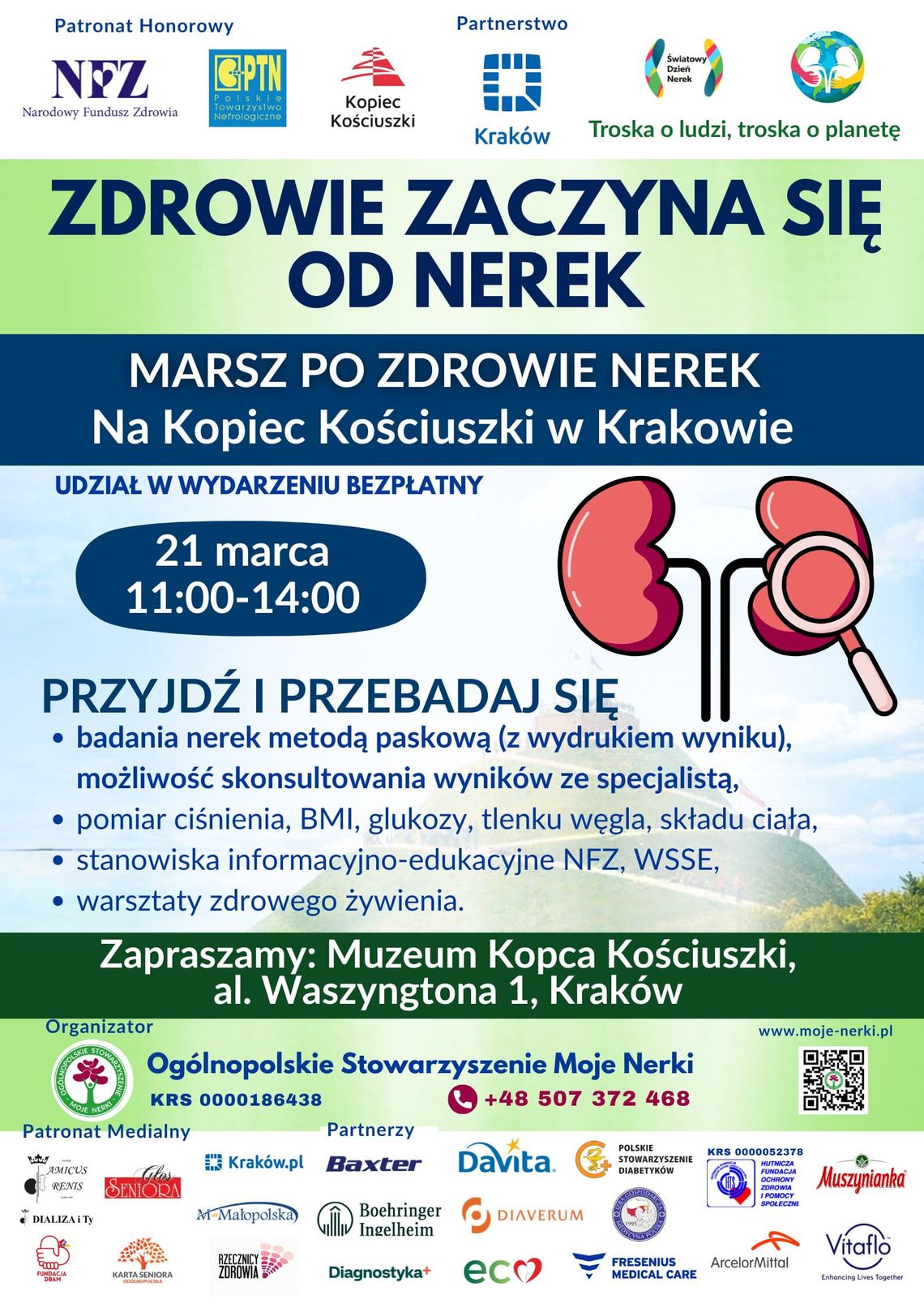 Zdrowie zaczyna się od nerek! Wielki marsz i bezpłatne badania na Kopcu Kościuszki Zdrowie zaczyna się od nerek! Wielki marsz i bezpłatne badania na Kopcu Kościuszki